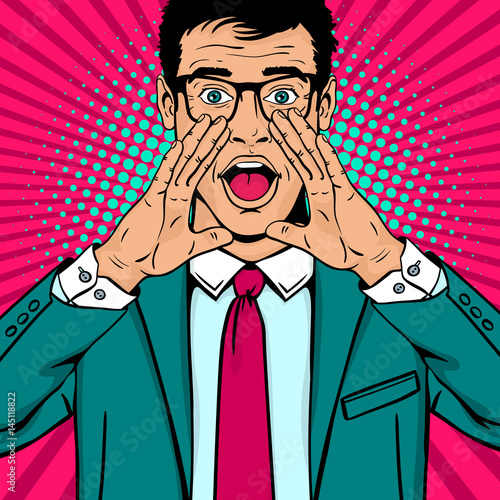 Wow pop art man. Young surprised man in glasses and suit with open mouth and rising hands screaming announcement. Vector background in comic retro pop art style. Party invitation poster.