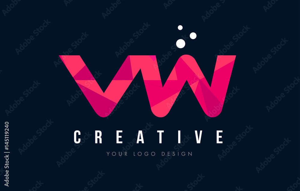V W Letter Logo with Purple Low Poly Pink Triangles Concept