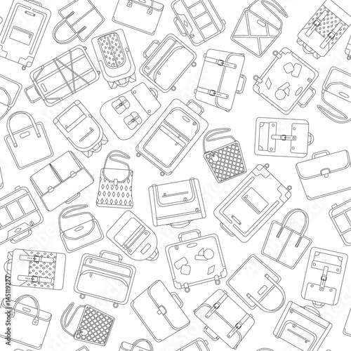 Vector illustration seamless background pattern big set of bags. Luggage, women's bags, briefcases and backpacks icon. Coloring book