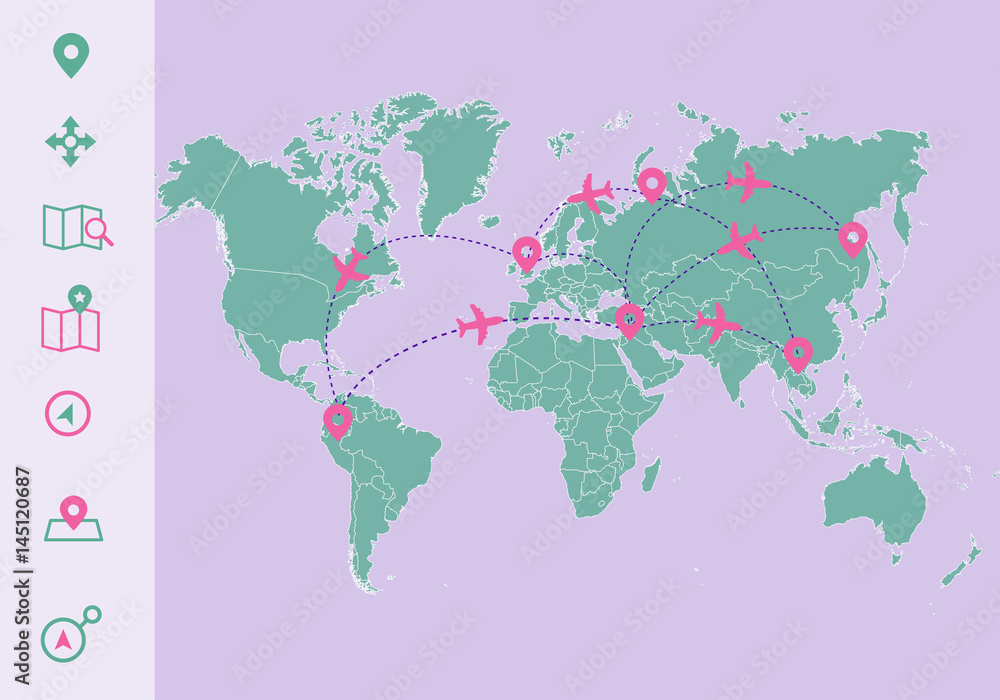 Travel icons and map of the world Travel icons and map of the world
