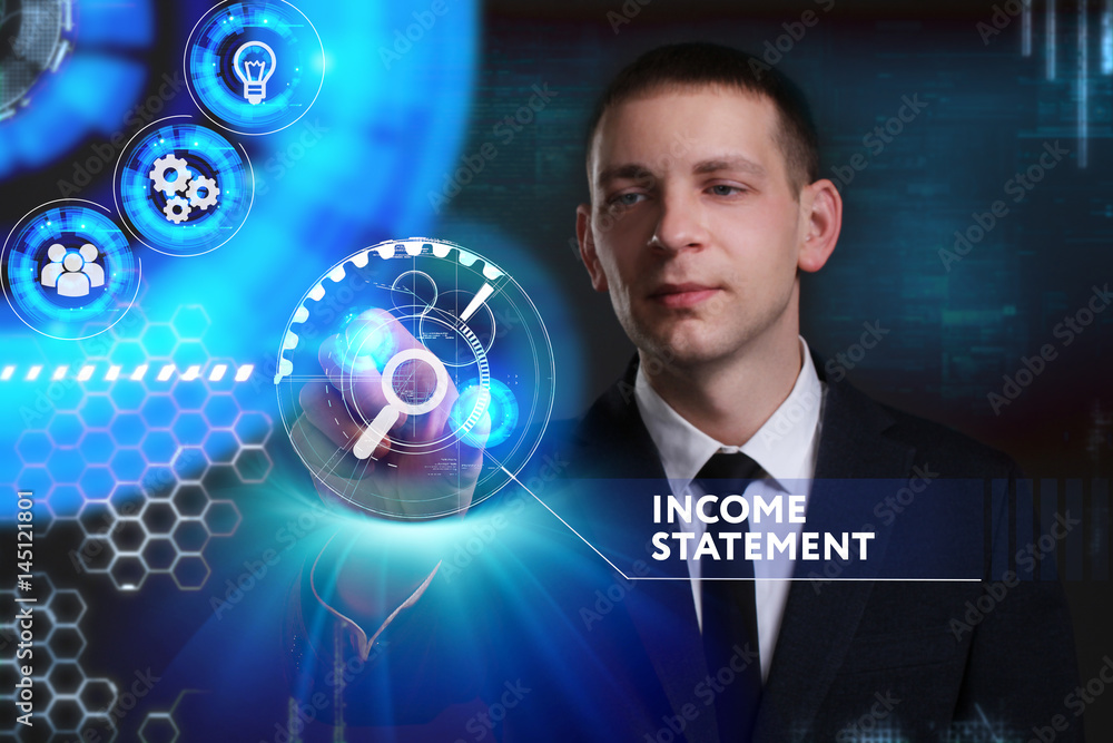 Business, Technology, Internet and network concept. Young businessman working on a virtual screen of the future and sees the inscription: Income statement Business, Technology, Internet and network concept. Young businessman working on a virtual screen of the future and sees the inscription: Income statement