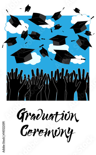 Graduate Hands Throwing Up Graduation Hats. Graduation Ceremony background