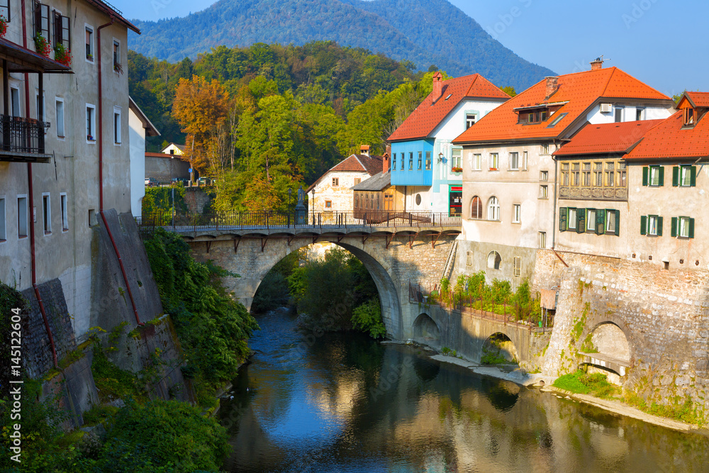 Old Stone bridge in Skofja Loka town, Slovenia