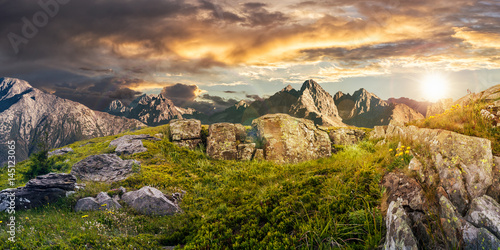Composite panorama of dandelions among the rocks in High Tatra Mountain ridge in the distance. Beautiful landscape on summer sunset with cloudy sky