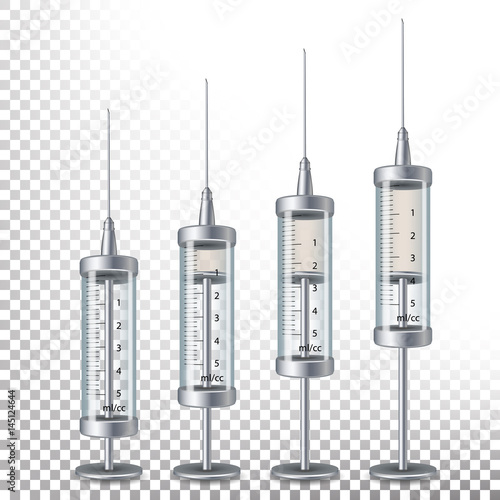 Glass Medical Syringe Isolated Vector. Empty Realistic Syringe For Injection