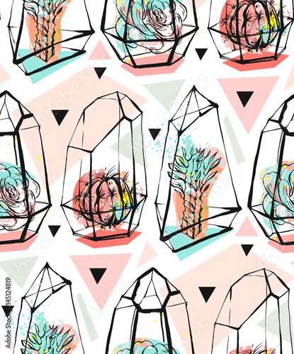 Hand drawn vector abstract seamless pattern with rough terrarium and succulent plants in pastel colors isolated on white bakground.Design for decoration,fashion,fabric,save the date