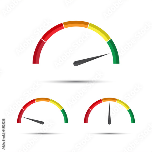 Set of simple vector tachometers with indicator in green, yellow and red part, speedometer icon, performance measurement symbol isolated on a white background