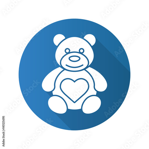 Teddy bear with heart shape. Flat design long shadow icon