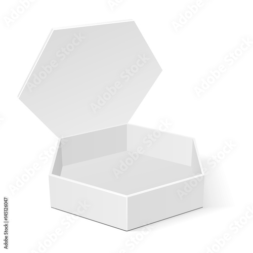 White Cardboard Hexagon Box Packaging For Food, Gift Or Other Products. Illustration Isolated On White Background. Mock Up Template Ready For Your Design. Product Packing Vector EPS10