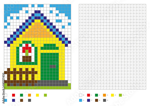 Coloring book with numbered squares. Kids coloring page, pixel coloring. Building, house. Vector illustration