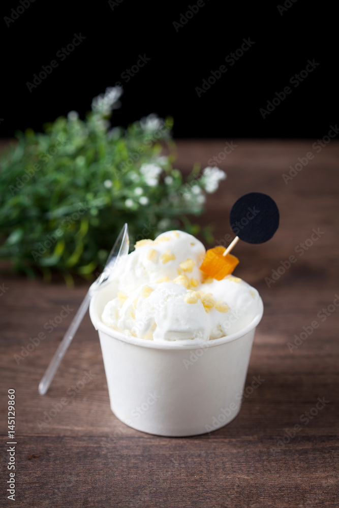 Coconut ice cream in bowl, Dessert and sweets, selective focus