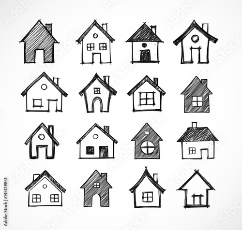 Doodle sketch houses on white background. Vector illustration.