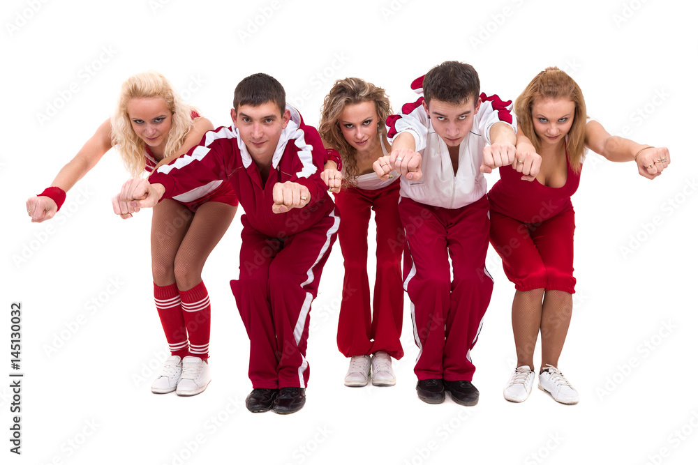 Fototapeta premium Disco dancer team dancing, isolated on white in full length.