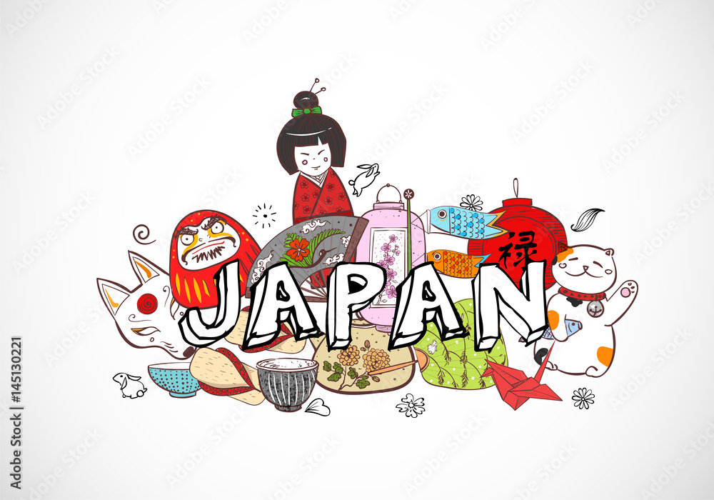 Japan colored doodle sketch elements. Symbols of Japan.