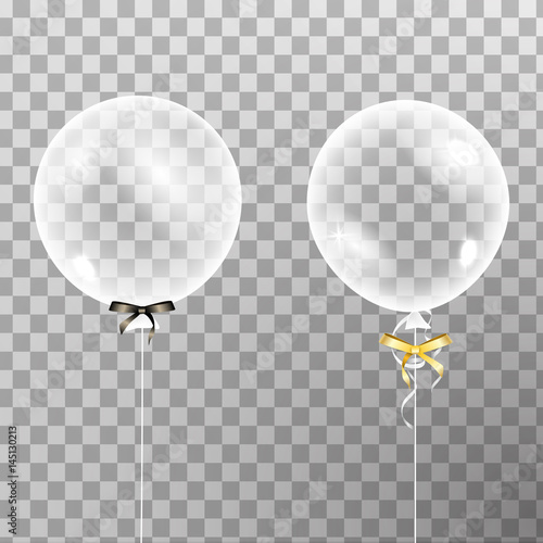 Set of white transparent helium balloon with bow isolated in the air. Party decorations for birthday, anniversary, celebration. Shine transparent balloon.