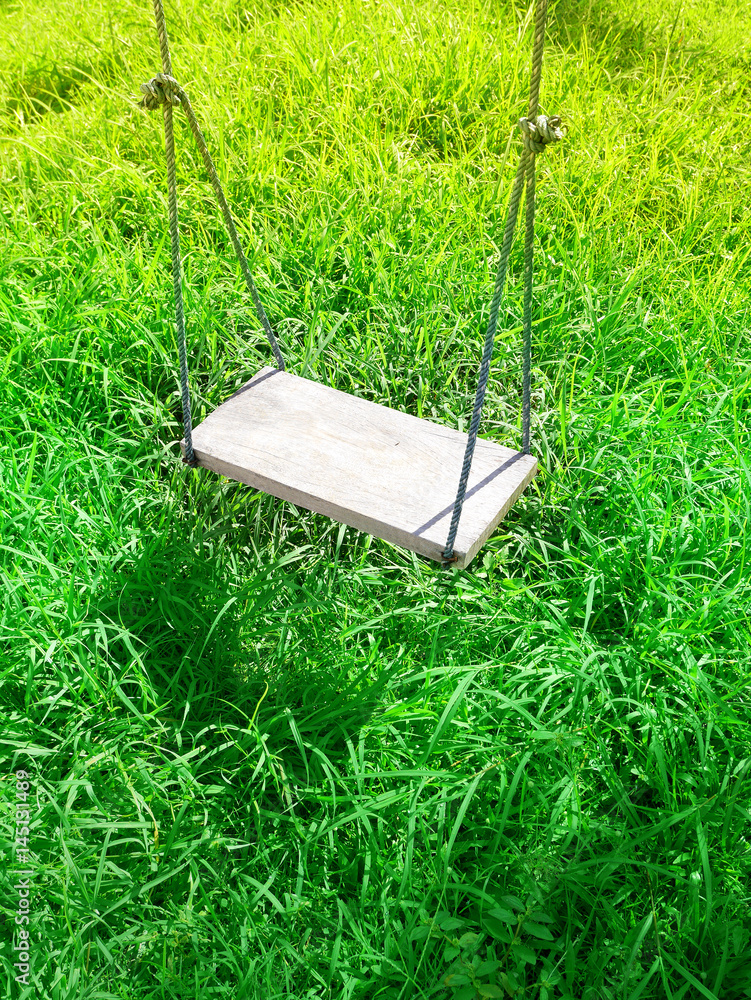 An old wooden swing hanging in green garden, selective focus