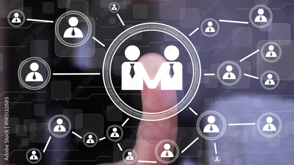 Businessman pushing button communication business group network Businessman pushing button communication business group network