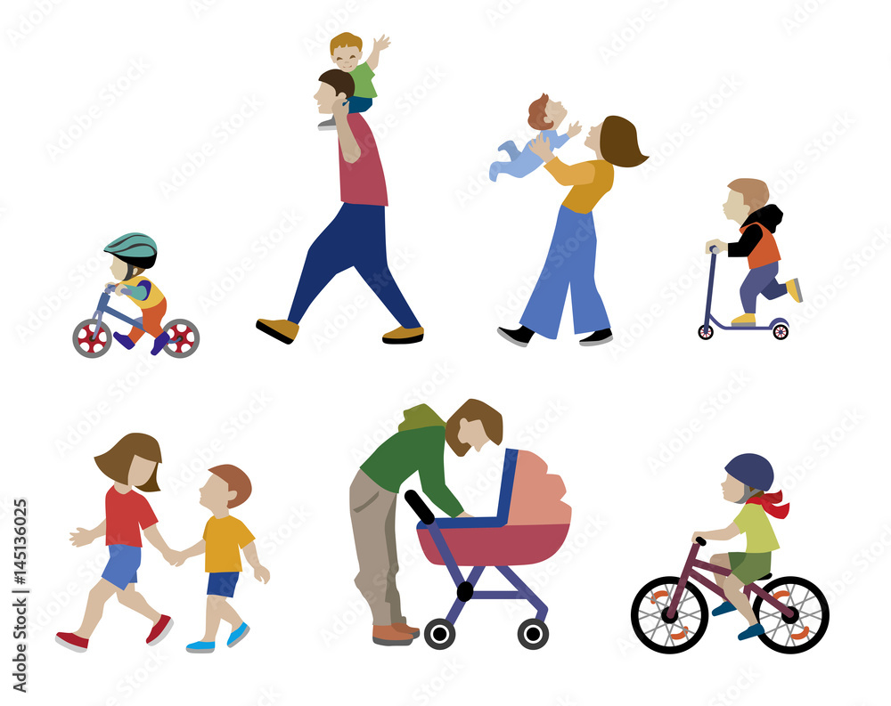 A vector illustration of families, adults, children and baby in outdoors. People on the street in different activity situation - walking, cycling isolated on white background. Character set.