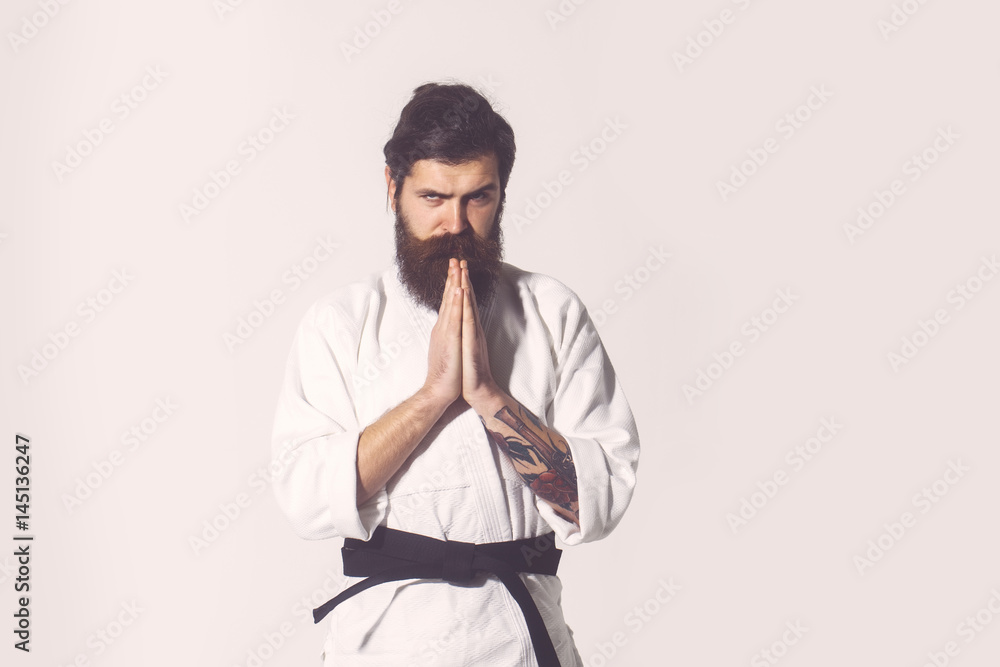 bearded karate man, brutal caucasian serious hipster in kimono bearded karate man, brutal caucasian serious hipster in kimono