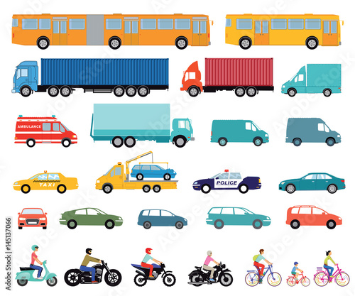Autos, LKW, Bus, Roller, Motorrad, Satz von städtischen Autos