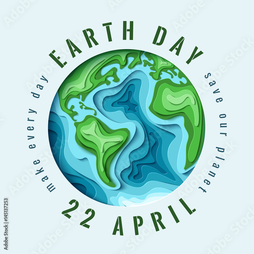 World Earth day concept. 3d paper cut eco friendly design. Vector illustration.  Paper carving Earth map shapes with shadow. Save the Earth concept. April 22