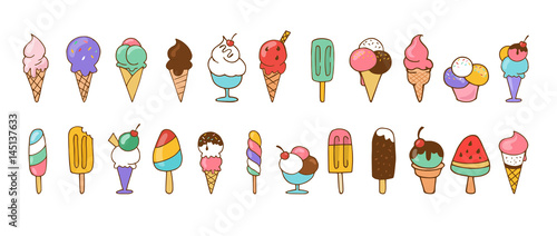 Ice cream, sweet summer collection of icons, doodles, illustations photo