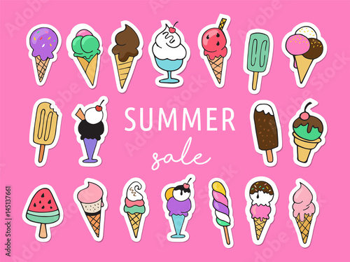 Ice cream, sweet summer collection of icons, doodles, illustations