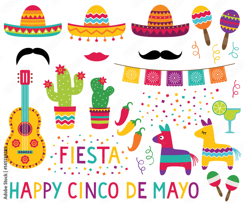 Cinco de Mayo set (sombreros, pinatas, a guitar, maracas and decoration)