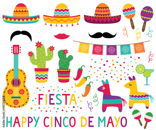 Cinco de Mayo set (sombreros, pinatas, a guitar, maracas and decoration)