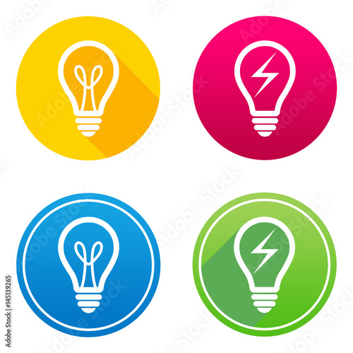 Light bulb flat icon in 4 different colors and versions, with or without long shadows. photo