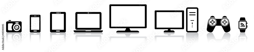 Set of 8 black device icons on white background. Set of 8 black device icons on white background.