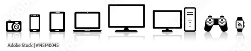 Set of 8 black device icons on white background.