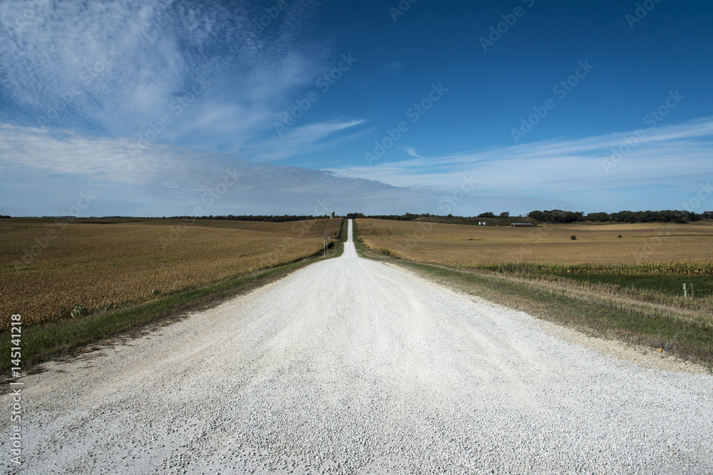 Long empty straight gravel road in the midwest