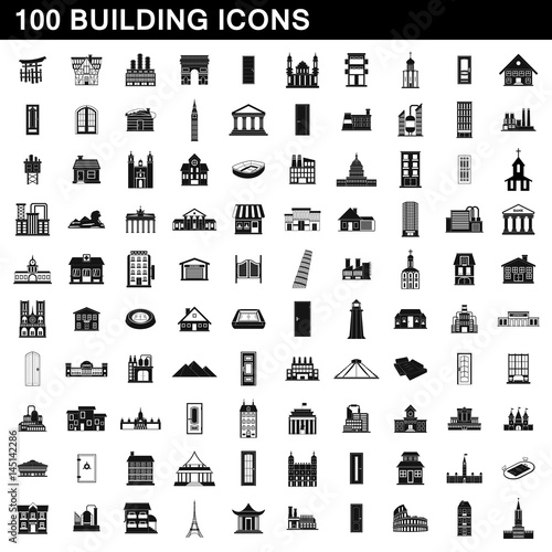 100 building icons set, simple style