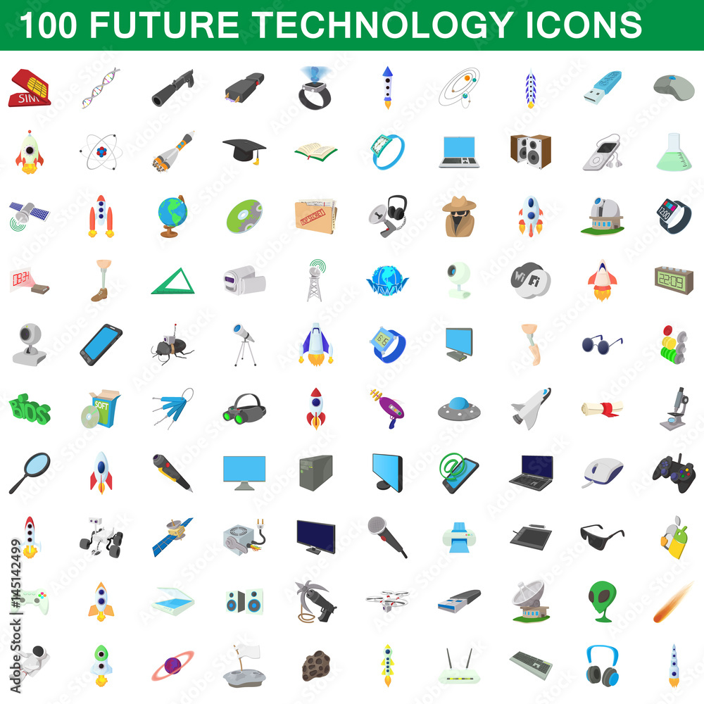 Fototapeta premium 100 future technology icons set, cartoon style