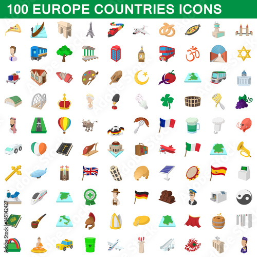 100 europe countries icons set, cartoon style