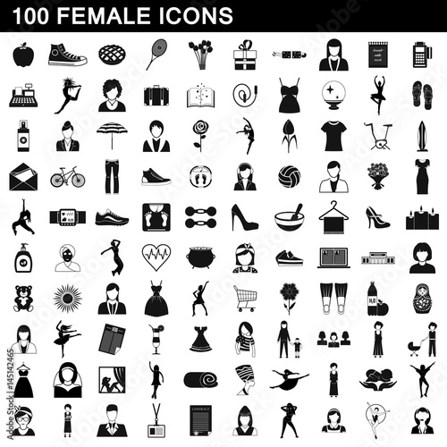 100 female icons set, simple style