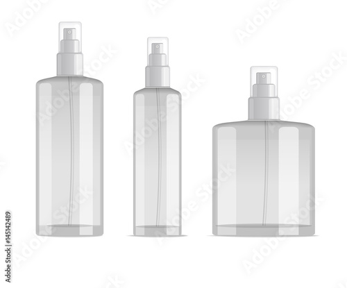 cosmetic spray bottles set isolated on white background. Small, big and wide bottles. Realistic vector design.