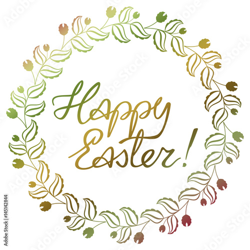 Gradient filled holiday label with decorative flowers and artistic written greeting text "Happy Easter!". Design element for banners, labels, prints, posters, greeting cards, albums. Raster clip art.