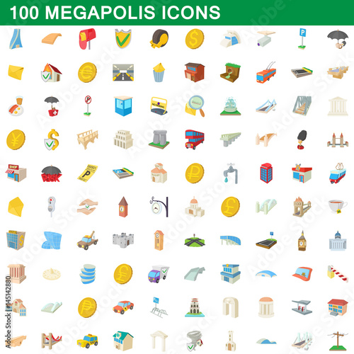 100 megapolis icons set, cartoon style