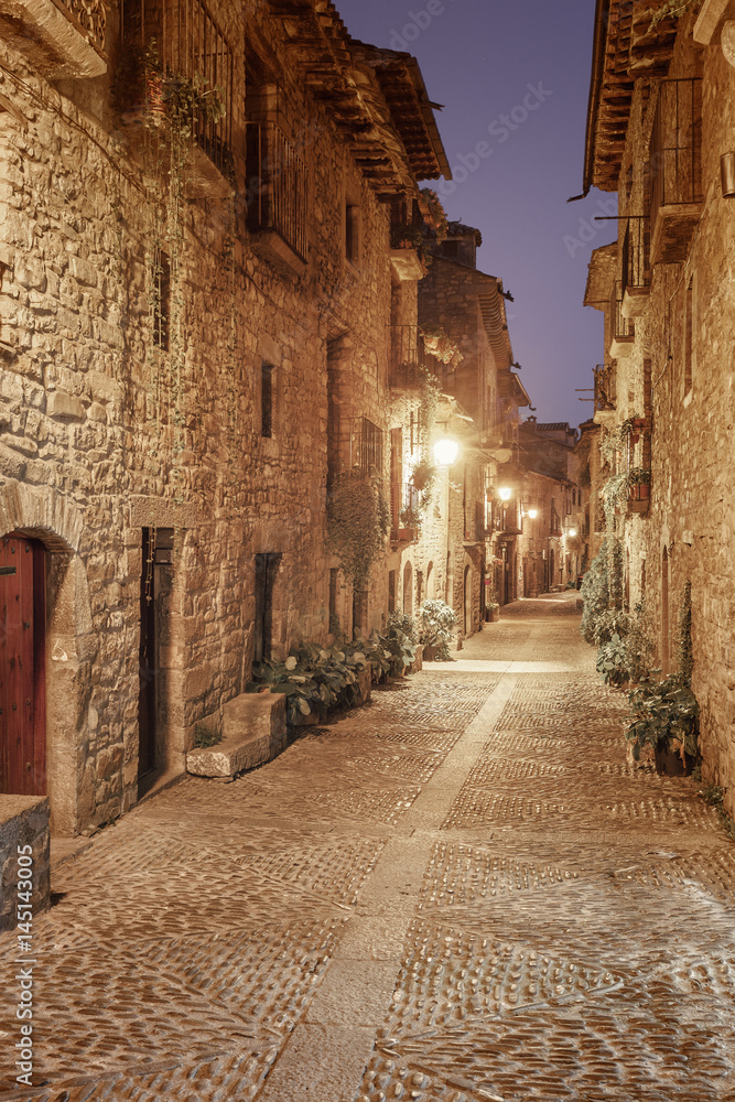 Night street of the medieval village of Ainsa situated in the Spanish province of Huesca.