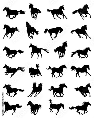 Black silhouettes of galloping horses on a white background