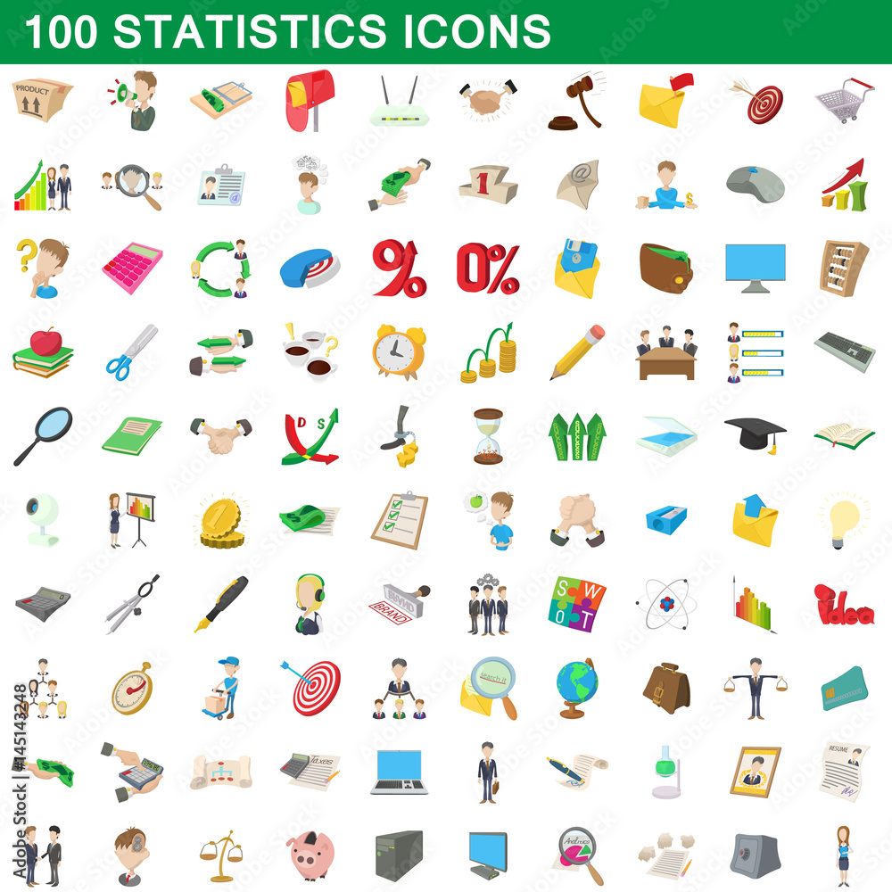 100 statistics icons set, cartoon style 100 statistics icons set, cartoon style