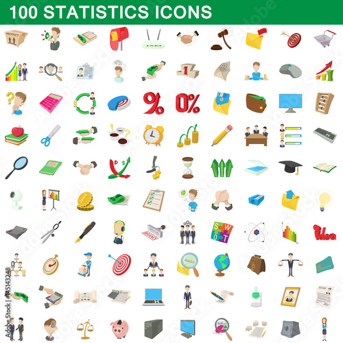 100 statistics icons set, cartoon style