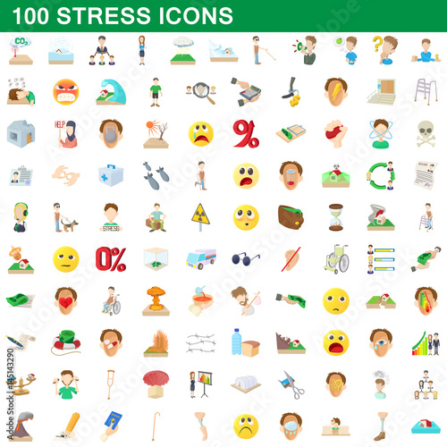 Fototapeta Naklejka Na Ścianę i Meble -  100 stress icons set, cartoon style
