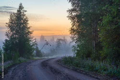 Misty countryside road in summer night light