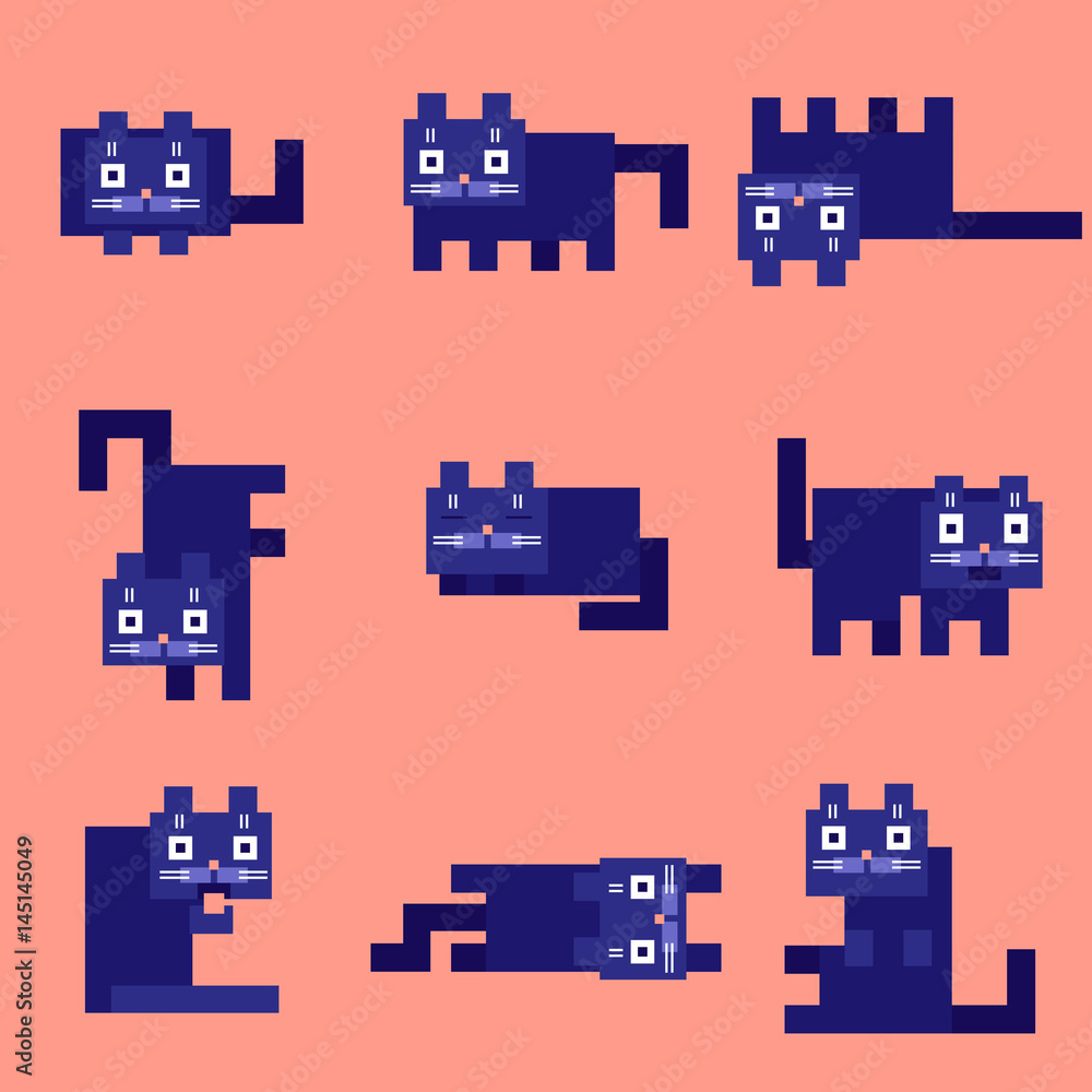 flat corner purple cats on a pink background. vector illustration