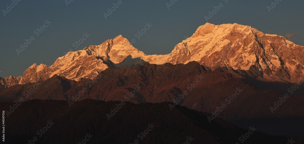 Peaks of the Manaslu range at sunset. View from Ghale Gaun, Nepal.