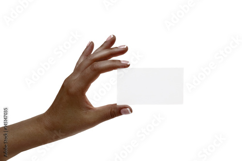 African female hand holds white card on a white background.