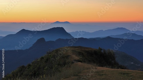 Hills and valleys in Nepal just before sunrise. View from Ghale Gaun, Nepal.